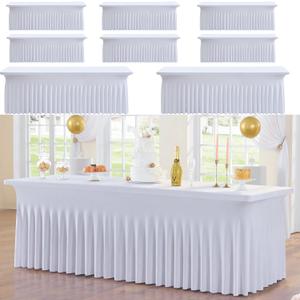 8pk White Spandex Tablecloths for 8ft Rectangle Tables, Wrinkle Free Wavy Table Skirt Stretchy 8 Foot Fitted Table Cloth Covers for Weddings Birthday Party Events Banquette Baby Shower