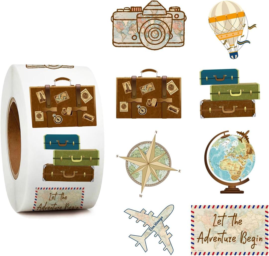 1000pcs Retro Travel Stickers in 1 Roll for Travel Scrapbook Supplies, 1.5 Inches Passport Stickers Perfect for Party Decoration and Stickers for Luggage