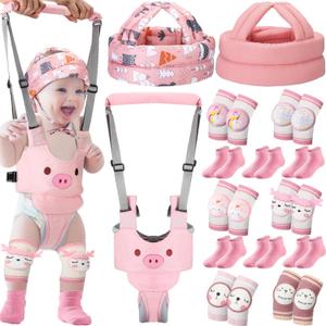 Panitay Baby Walking Harness with Anti Slip Knee Pads for Crawling Baby Socks 2 Baby Safety Helmet for 0-36 Months(Pink,Pig)