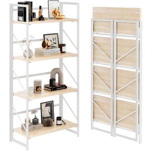 JSB No Assembly Folding Bookshelf, 4 Tier Industrial Metal Book Shelf for Storage, Vintage Wood Foldable Bookcase for Living Room, Bedroom, Office Organization Shelves, Flat Tube 4-Tier