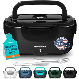 TRAVELISIMO Electric Lunch Box for Adults 100W Heated Lunch Box For Men 1.5L Stainless Steel Portable Food Warmer, 12/24/110V for Travel & Work, Loncheras Electricas Para Calentar Almuerzo (Black)