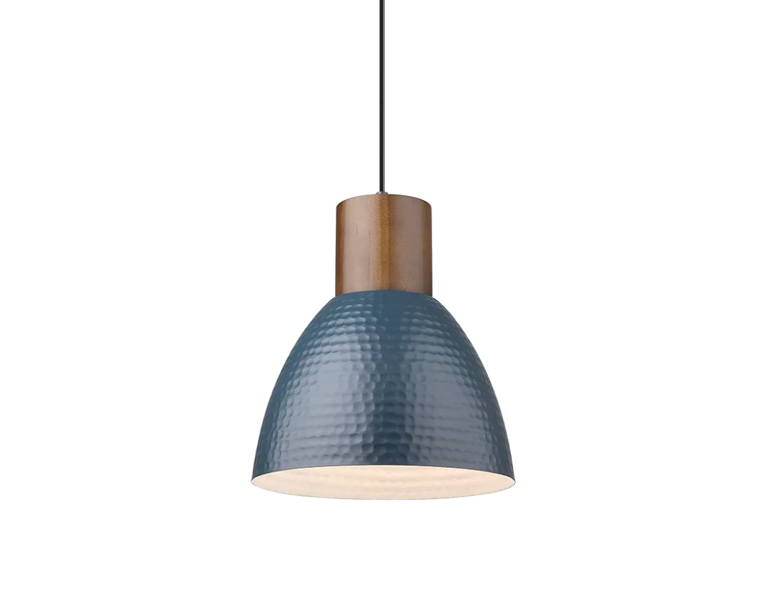 ELYONA Hammered Pendant Lights for Kitchen Island, 7” Solid Wood Hanging Light Fixtures, Adjustable Height Industrial Metal Pendant Light Fixtures for Bar Dining Room Bedroom Office, Modern Blue,Small
