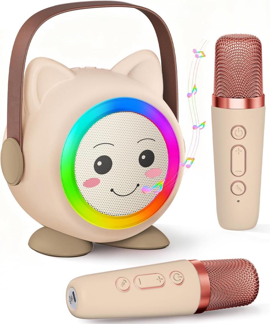 Mini Karaoke Machine Toy for Kids, Portable Karaoke Machine with 2 Wireless Microphone for 4,5,6,7,8,9,10,11,12+ Years Old Christmas Birthday Gifts Girls Boys (Beige)