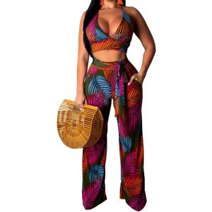 Elegant Two Piece Sets for Women Sexy Printing Halter Bandage Top Long Straight Pants Vacation Outfits Beach, size XL Elegant Two Piece Sets for Women Sexy Printing Halter Bandage Top Long Straight Pants Vacation Outfits Beach, size XL