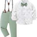 ZOEREA Toddler Baby Boy Suit Clothes Gentleman Wedding Outfits Long Sleeves Dress Shirt + Suspender Pants + Bowtie Green 7-8Y