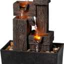13 Inch Tabletop Water Fountain with LED Lights, Resin Wood Grain Tiered Design, Automatic Pump, Natural River Rocks for Home Office Zen Relaxation Decor Gift