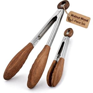 Bakpoco 10 & 13 Inch Wooden Tongs for Cooking, Kitchen Stainless Steel Salad Tongs with Walnut Wood Tip, Serving Food Toaster Bread Non Toxic Grill Tong, Smooth Locking & Hanging Cooking Utensils Set, 2 Pack
