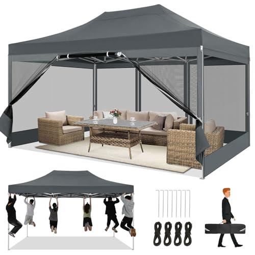 COBIZI 10x15 Heavy Duty Pop Up Canopy with 4 Sidewalls, Easy Set Up Outdoor Commercial Canopy with Mosquito Netting Waterproof Instant Screen Tent for Backyard, Patio, Garden, Gray