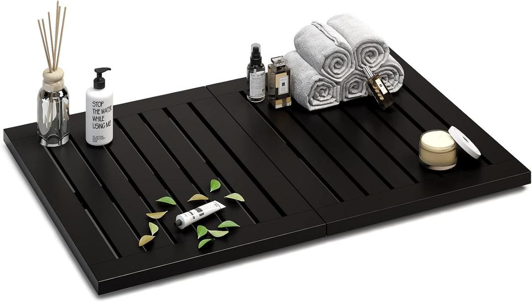 Waterproof Bamboo Bath Mat for Shower, Foldable | Non-Slip | Heavy Duty, Wooden Bath Mat, Floor Mat and Doormat for Indoor Outdoor (Black, 23.4 x 15.6IN)