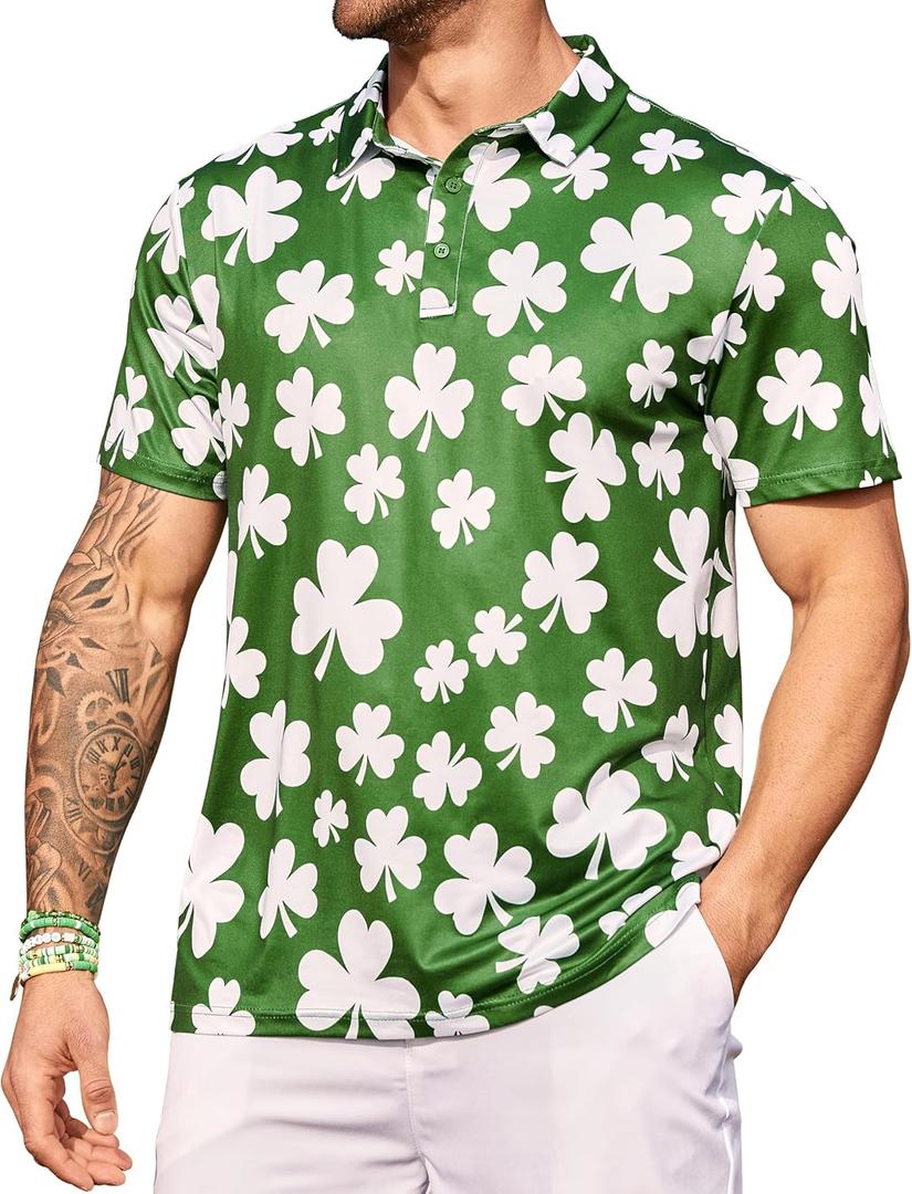 Mens Polo Shirts Short Sleeve Print Golf Shirts Gifts for Men (Green, XL)
