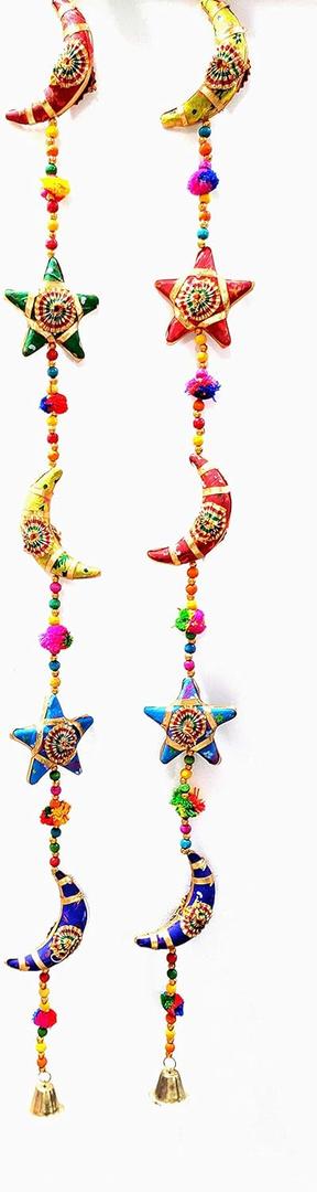 Handmade Moon Stars Cotton Stuffed Rajasthani & Gujarati Traditional Door Hanging Pair Decorative Ladi, Latkan in Vibrant Colors for Home Decor, Office Decor, Wall, Window