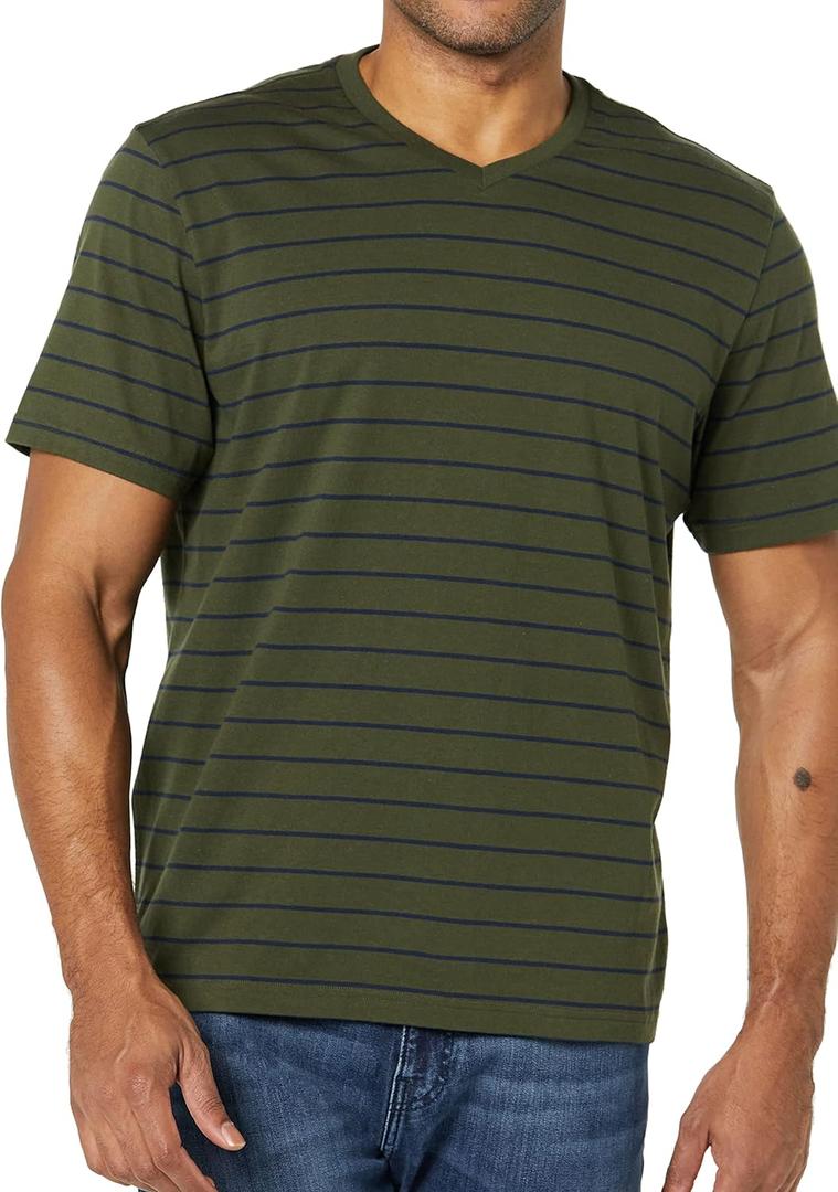 Amazon Essentials Men's V-Neck Short-Sleeve T-Shirts, Pack of 2, Navy/ Olive/ Stripe, X-Small