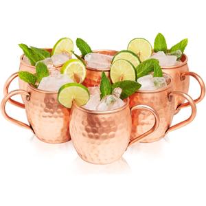 Moscow Mule Copper Mugs Set of 6 (16oz) | Food Grade 100% Pure Copper Cups | Handcrafted w/Lacquered Hammered Finish, Smooth Rounded Lip, Ergonomic Handle (No Rivet) w/Solid Grip