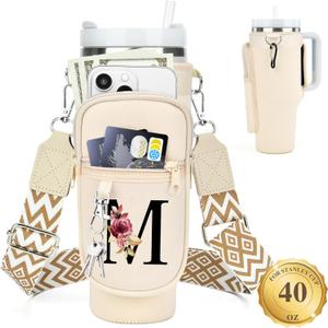 LOKASS Water Bottle Holder with Strap for Stanley Cup 40 oz Tumbler with Handle, Personalized Initial, Water Bottle Carrier Bag with Phone Pocket for Stanley Cup Accessories (Cream)