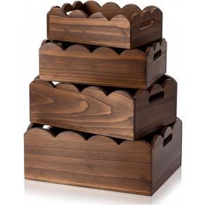 4 Pcs Scalloped Baskets with Handle 4 Size Wooden Countertop Storage Box Multipurpose Fruit Vegetable Crate Rectangular Decorative Serving Tray Organizer for Kitchen Bathroom Home Decor(Brown)