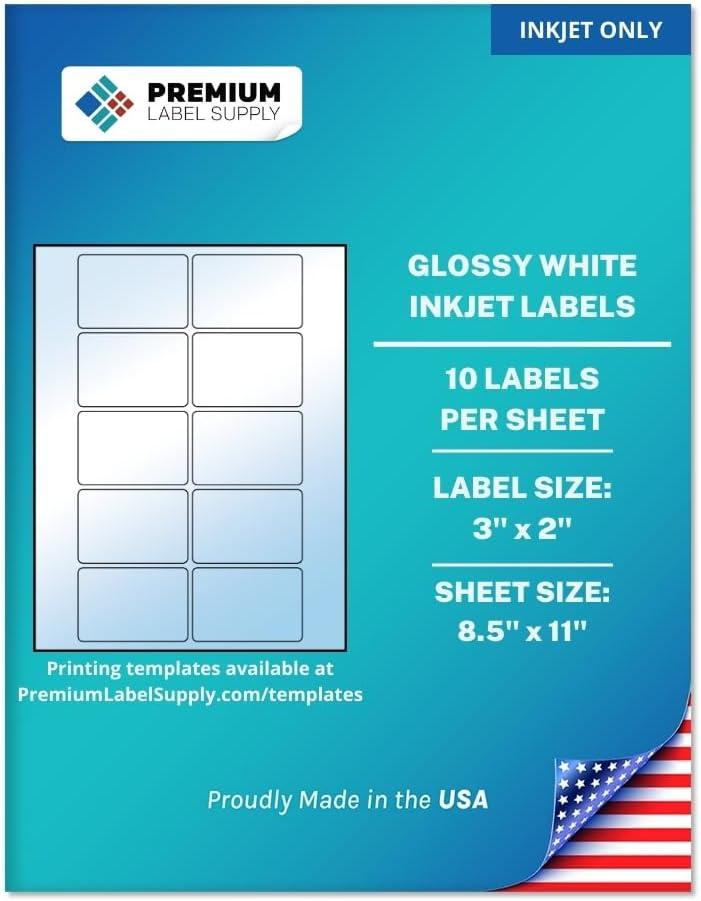 Premium Label Supply Glossy White Sticker Labels  3" x 2"  (10 per Sheet) (Glossy White for Inkjet Only, 250 Labels)