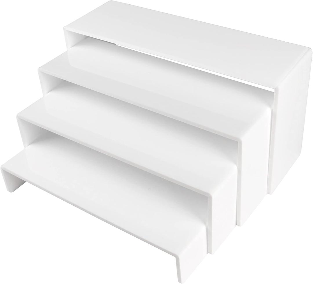 ELEGANTLIFE Acrylic Display Risers Set of 4, 4-Level Tiered Countertop Display Stands for Cupcakes, Mini Desserts, Jewelry, Cosmetics, Small Figures & Collectibles, White