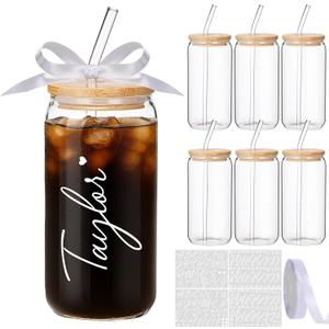Skylety Personalized Glass Cups with Bamboo Lids and Glass Straws 16 oz Custom Gift Coffee Cups with Name Sticker Ribbon DIY Tumbler Gift for Birthday Proposal Bridal Shower(6 Set,Classic)
