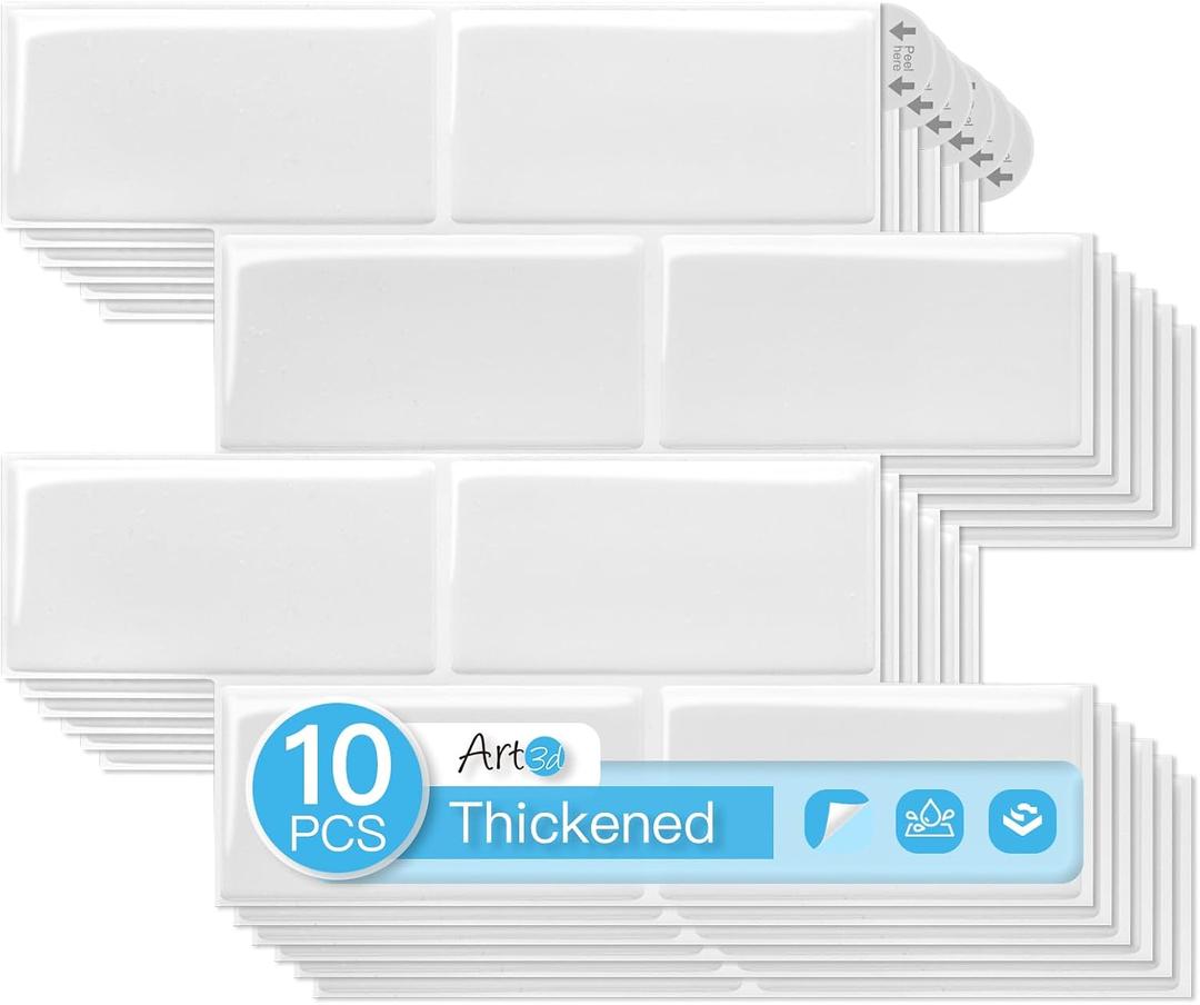 Art3d 10-Pack Heavy-Duty Peel and Stick Backsplash, 12.6 x 10.6 Inch Stick on Wall Tiles for Kitchen Bathroom Countertop Decor, White