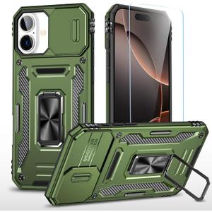 SunStory Phone Case for iPhone 16 Case with HD Screen Protector & Slide Camera Cover & Rotated Ring Kickstand, [Military-Grade] Phone Case for iPhone 16 6.1" (Z_OliveGreen)