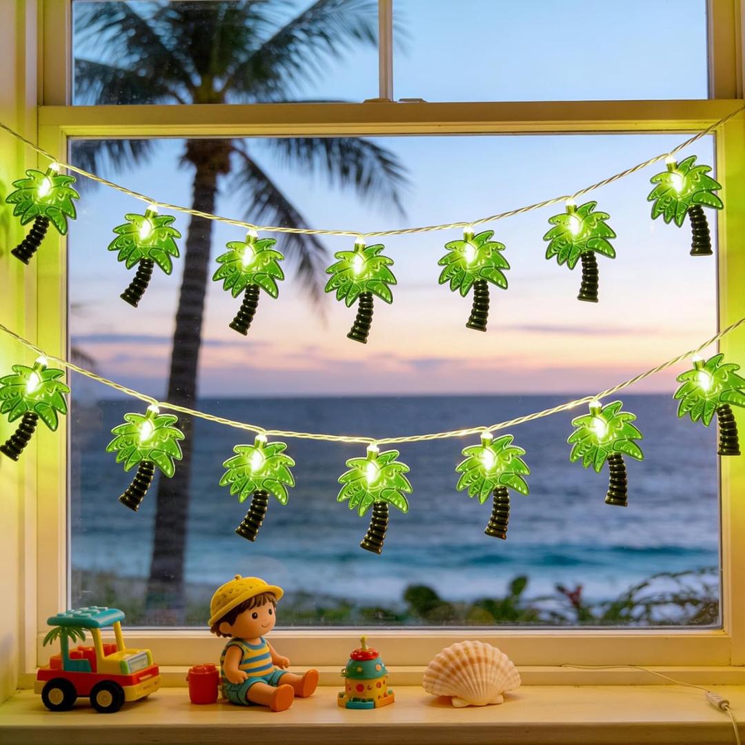 8.5Ft Palm Tree Lights Outdoor, Patio Lights String with 10 LED Summer Beach Themed Lights for Indoor Bedroom Tiki Party Decor, White Wire