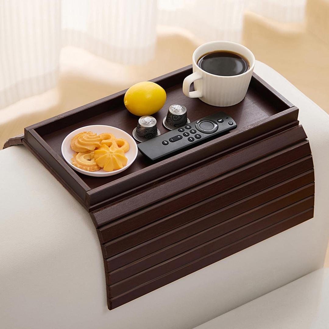 Bamboo Couch Arm Tray TableFoldable Sofa Armrest Tray Table for CouchFlexible and Anti-Slip Couch Arm Cup HolderPortable Sofa Arm Chair Table for Drink,Cups, EatsSnacks, Phone, Remote (Mahogany)