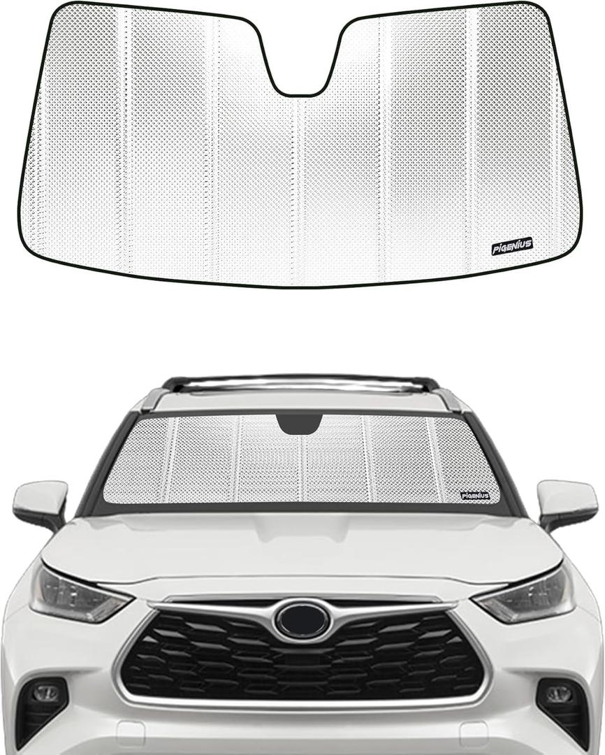 Pigenius Windshield Sun Shade for Toyota Highlander & Highlander Hybrid (Incl. 25th Edition) 2020-2026, NOT for Grand Highlander, Reflective Aluminum Film Front Window Sunshade - BLAZBLOCK