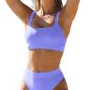 ZINPRETTY Women High Waisted Bikini Sets Color Block Swimsuits 2 Piece Bathing Suits Tummy Control Sporty Teens (Large, Haze Blue)