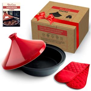 Uno Casa Tagine Pot - 3.65-Quart Moroccan Tajine with Enameled Cast Iron Base and Ceramic Cone-Shaped Lid, High-Quality Cookware- Red Double Oven Mitts Included