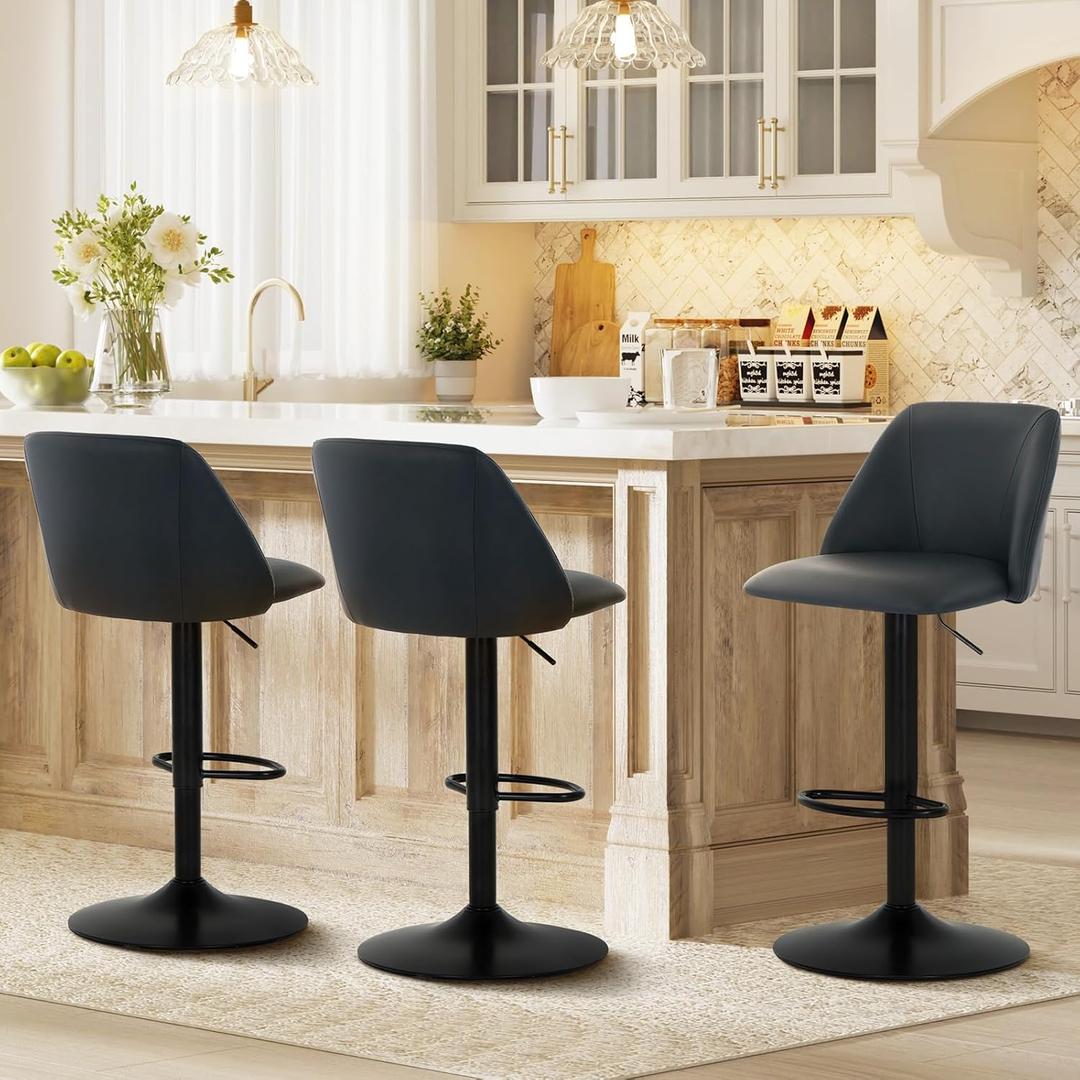 COLAMY Bar Stools Set of 1, Modern Swivel Bar Chairs, Adjustable PU Leather Upholstered Barstools Counter Height with Full Backrest for Bar, Dining Room, Kitchen Island, Black