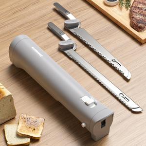 ZIMOMOTA Electric Knife Cordless, Electric Bread Knife with 4 Stainless Steel Blades, Safety Lock Switch, Electric Cutting Knife for Meats, Poultry, Bread, Cheese & More (Gray)