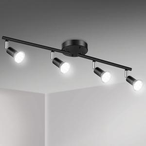Unicozin LED 4 Light Track Lighting Kit, Black 4 Way Ceiling Spot Lighting, Flexibly Rotatable Head, Track Light Included 4 x LED GU10 Bulb (4W, Daylight White 5000K, 400LM)