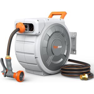 Retractable Garden Hose Reel 5/8"x100ft, 3-Ply Reinforced water hose reel, Any Length Lock, Heavy-Duty Rust Prevention Metal Mount, Brass Fitting, 9 Spray Nozzle for Lawn & Gardening