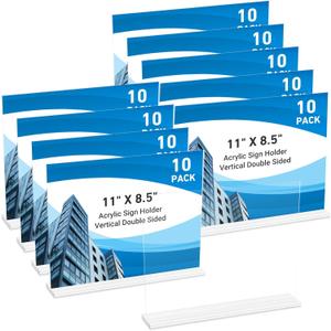 10 Pack Acrylic Sign Holder 11 x 8.5 Horizontal, Double-Sided Clear Sign Holder Plastic Stands for Display, T Shape Acrylic Table Sign Stands for Office Store Restaurants Wedding Party Decoration