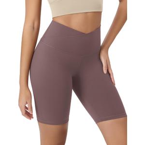 ODODOS Women's Crossover Yoga Shorts with Back Pocket, 6" / 8" V High Wasit Lounge Biker Shorts (XS)