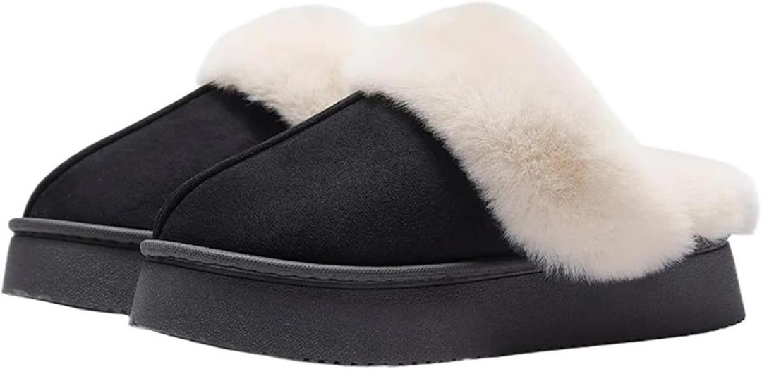 Women's Fur Snow Slippers Winter Home Plush Shoes EVA Light Living Room Boots(Black,40-41)