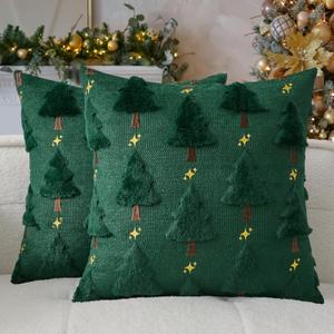 Kevin Textile Christmas Tree Pillow Covers 20x20 Inch Set of 2 Twinkle Golden Star Embroidery Soft Plush Faux Fur Throw Pillowcases for Couch Sofa Holiday Festivals Winter Xmas Gift, Dark Green