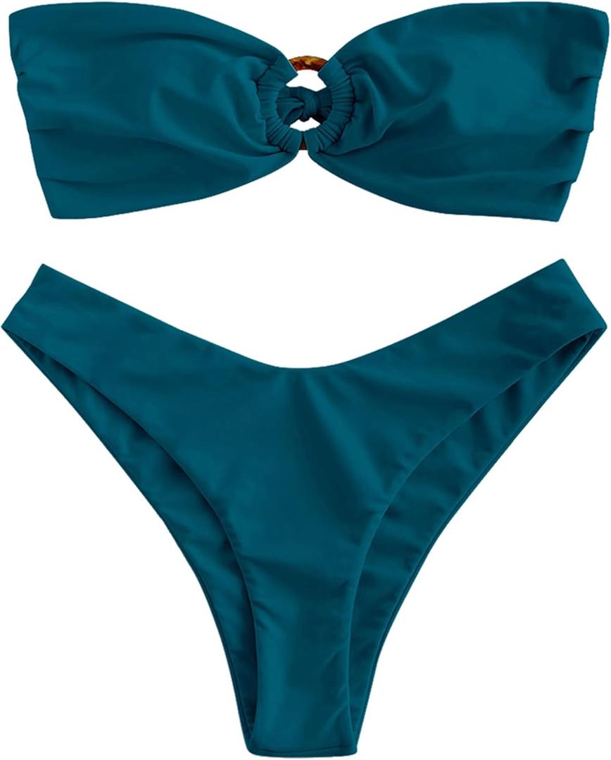 ZAFUL Women's Tie Dye Ribbed O Ring Lace Up Tie Side Bandeau Bikini Set Swimsuit (E-Peacock Blue, S)