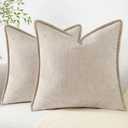 decorUhome Chenille Soft Throw Pillow Covers 20x20 Set of 2, Farmhouse Velvet Neutral Decorative Pillow Covers with Stitched Edge for Couch Sofa Bed Home Decor, Beige