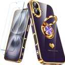 Compatible for iPhone 16 Case with 2 Pack Screen Protector, 360 Rotatable Ring Holder [Luxury Hearts Pattern] Plating Gold Edge Slim Soft Phone Cover Case for iPhone 16 - Purple