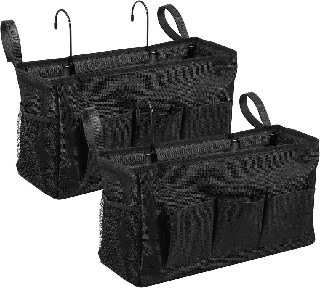 2 Pack Bedside Caddy, Large Capacity Bedside Storage Organizer with Metal Hook Adjustable Strap, Oxford Cloth Hanging Storage Bag for Bedroom, Kitchen, Office, Hospital and RV Camper