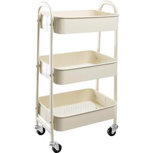 AGTEK Makeup Cart, Movable Rolling Organizer Cart,3 Tier Metal Utility Cart, Beige