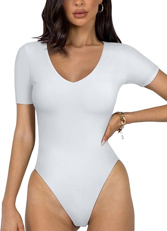REORIA 2025 New Women's Short Sleeve V-Neck Seamless Going Out Basic Thong Bodysuit (M, White)