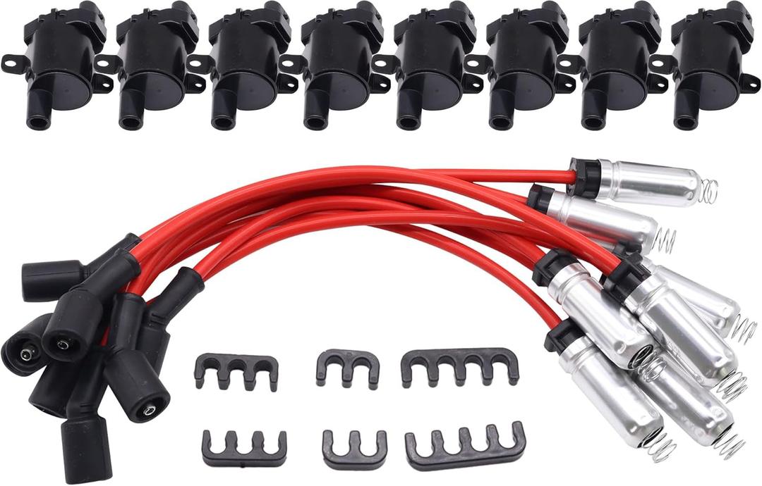 D585 8PCS Ignition Coils Pack Round Type 8mm Spark Plug Wire Set Compatible with Chevrolet Silverado 1500 Classic Pickup, GMC Envoy XL XUV, Escalade ESV EXT, Hummer H2, Isuzu Ascender