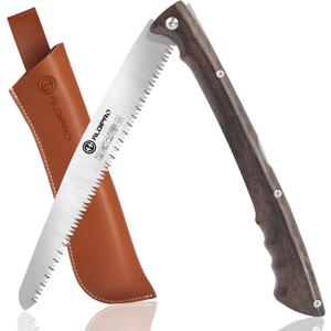 Folding Pruning Saw 10 Inch with Leather Sheath and Wenge Wooden Handle, SK5 Steel Blade, Foldable Hand Saw for Camping, Survival, Wood Cutting, Bushcraft and Tree Trimming