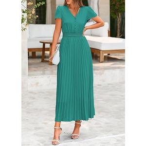 PRETTYGARDEN Women's Maxi Dresses 2025 Summer Trendy Cap Short Sleeve Button V Neck Casual Flowy Pleated Long Dress Blue Green