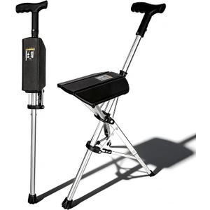 Folding Walking Cane with Seat for Seniors Elderly Automatic Lightweight Portable Wholesale Anti-Slip Aluminum Foldable Trekking Hiking Pole for Travel Outdoor Rest Break Seat