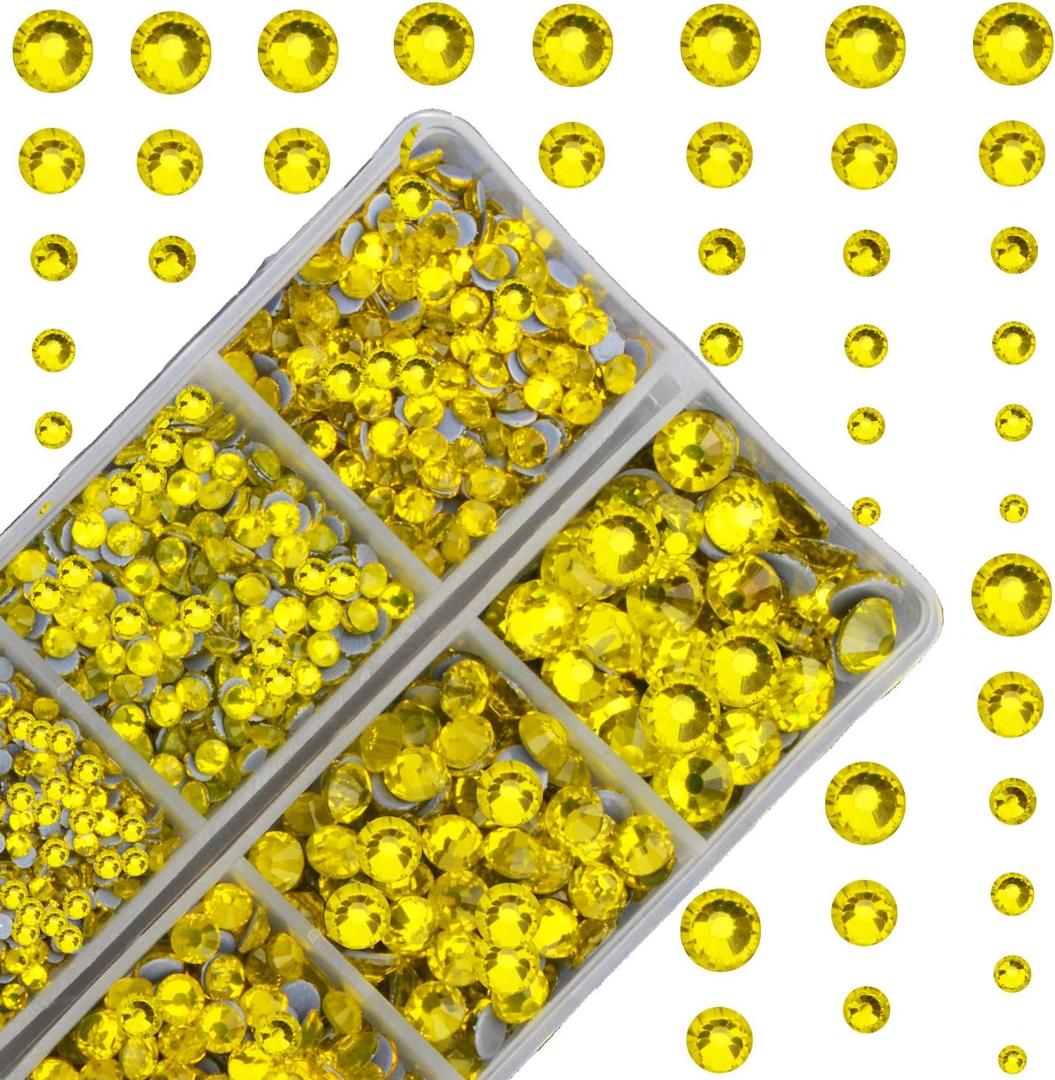 10000Pcs 2-Boxes Mixed Size Hot Fix Round Crystals Gems Glass Stones Hotfix Flat Back Rhinestones with Tweezers and Picking Pencil (Yellow)