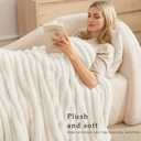 Exclusivo Mezcla Fleece Throw Blanket for Couch, Super Soft Striped Jacquard Bed Blanket, Lightweight Fuzzy Cozy for All Seasons, 50x60 Inches, Ivory