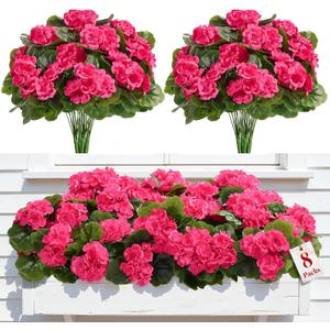 Alupssuc 8Pcs Artificial Geranium Flowers for Outdoors Decoration Silk Floral, UV Resistant Fake Plants, Faux Flower for Porch Garden Table Centerpieces Home Indoor Outside Spring Decor(8, Deep Pink)